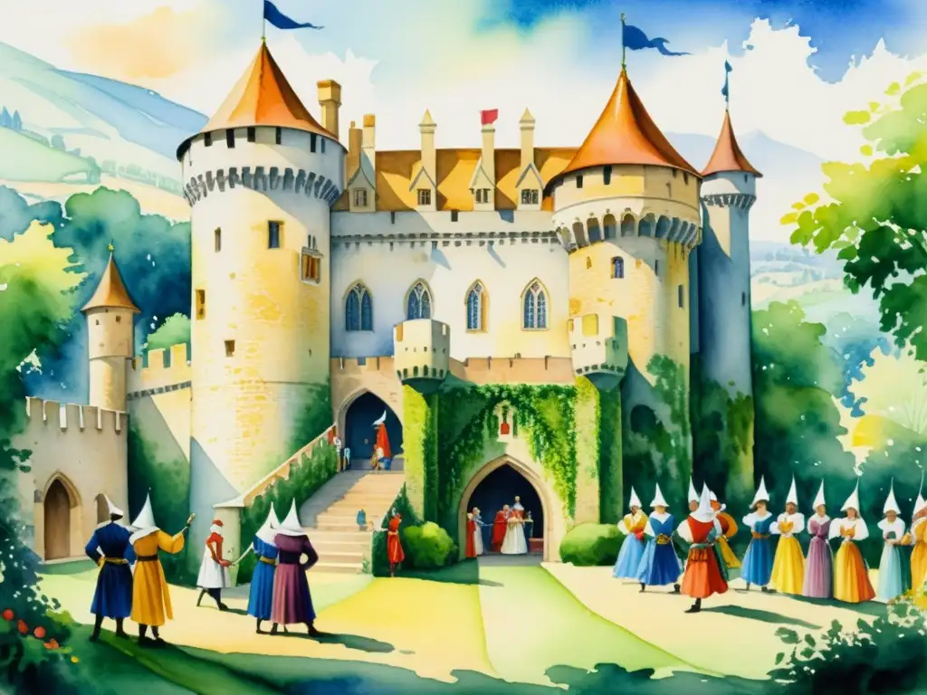Pintura acuarela de un castillo medieval y ministriles Un detallado cuadro acuarela de un castillo medieval rodeado de exuberante vegetación, con artistas medievales actuando en el patio