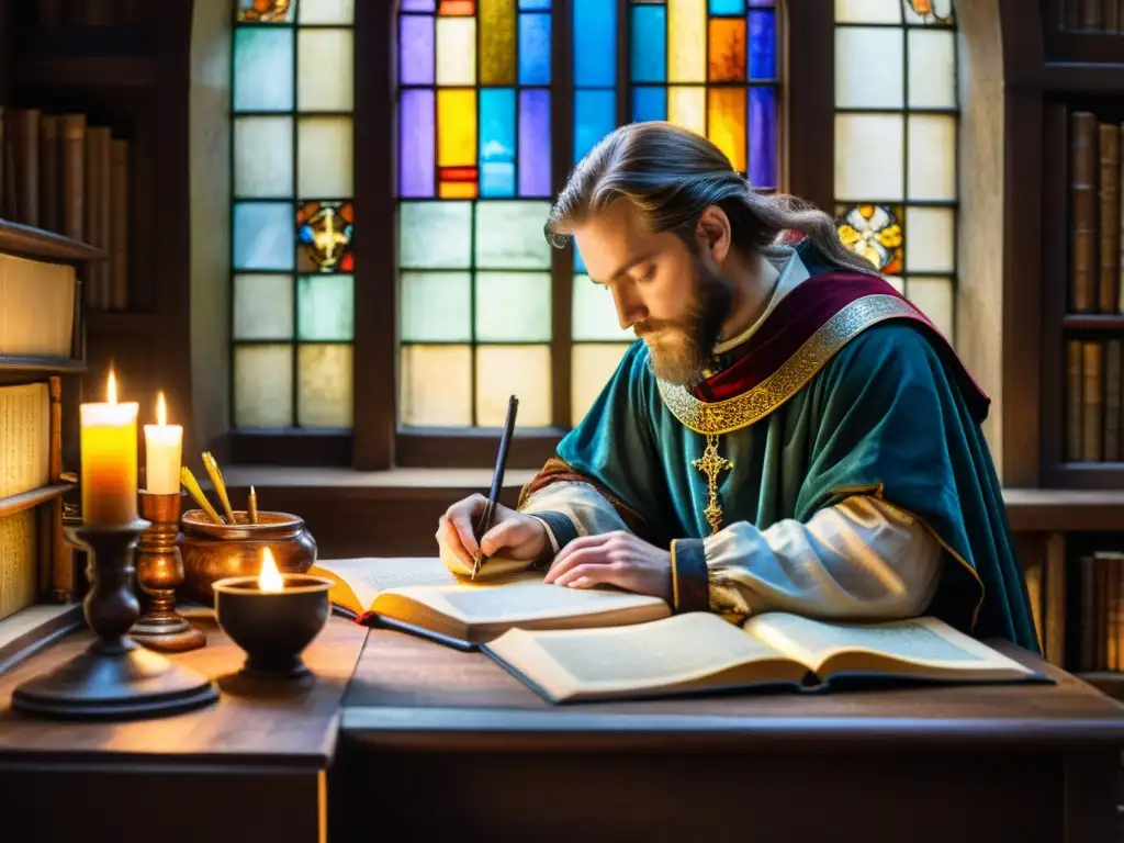 Un detallado cuadro de acuarela de un escriba medieval creando un poema en un scriptorium iluminado con luz suave