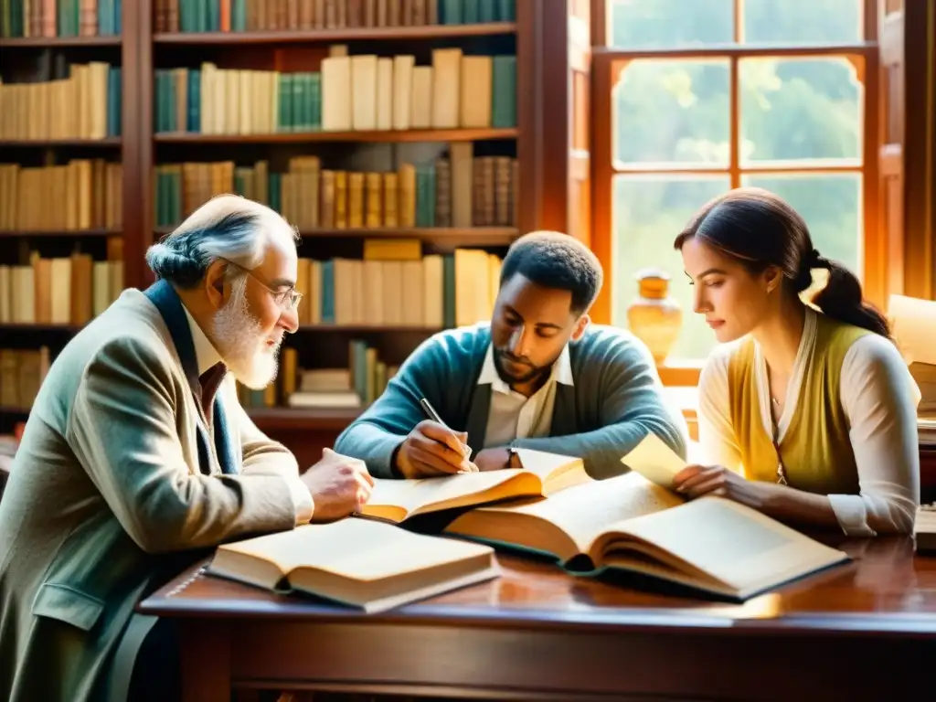 Un detallado cuadro de acuarela de poetas históricos dominando mercado, inmersos en una profunda conversación, rodeados de libros y manuscritos