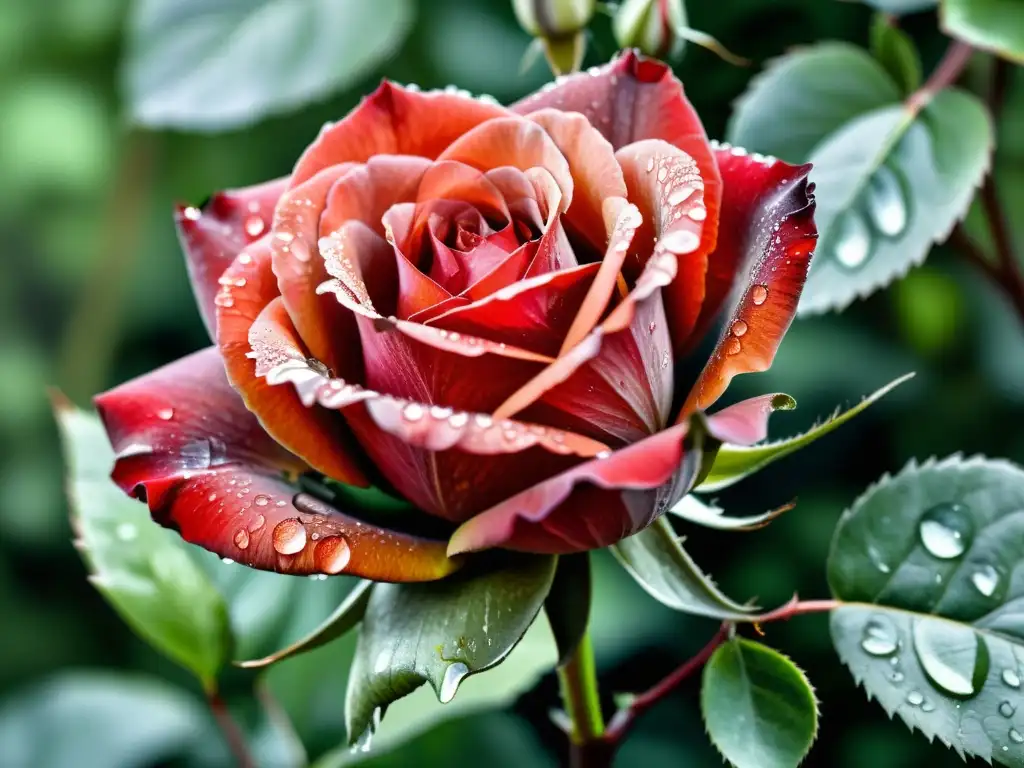 Detallado cuadro acuarela de una rosa roja con rocío, en un fondo verde