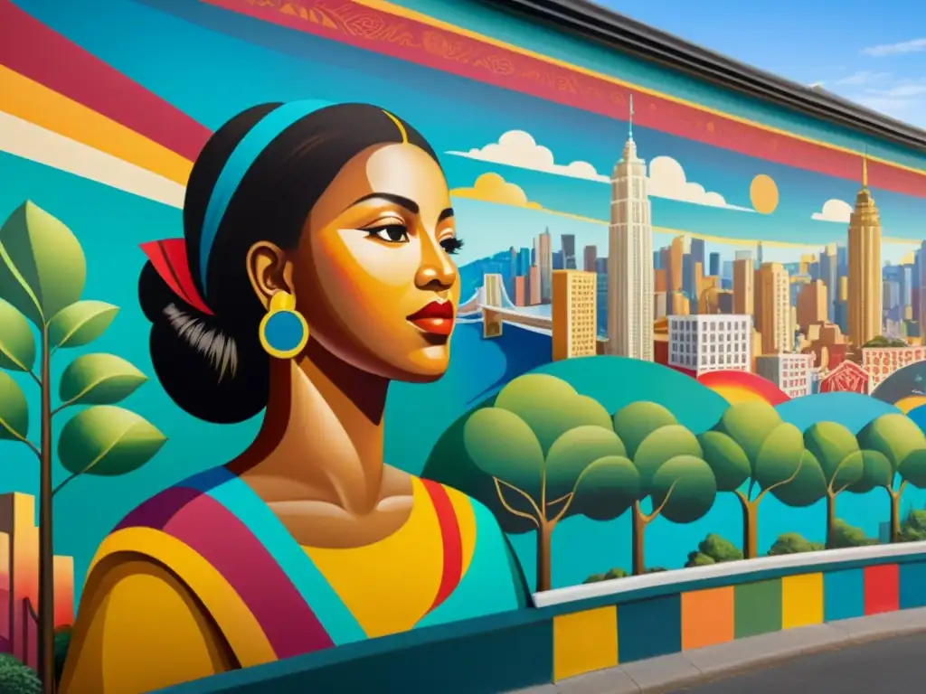 Detallado mural vibrante con símbolos culturales y poesía global en una ciudad bulliciosa, exudando resistencia y orgullo cultural