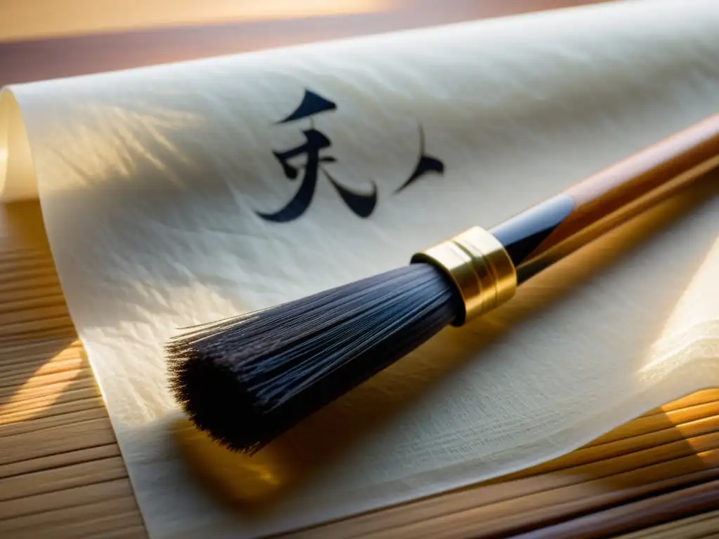 Detallado pincel de caligrafía japonés sobre papel de arroz en suaves tonos, evocando elegancia atemporal y la relevancia del haiku en la modernidad