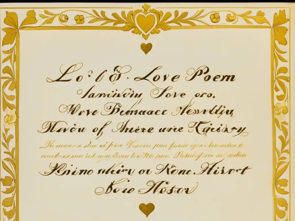 Detallado poema de amor del Siglo de Oro con caligrafía elegante y elementos ornamentales, evocando historia y romance