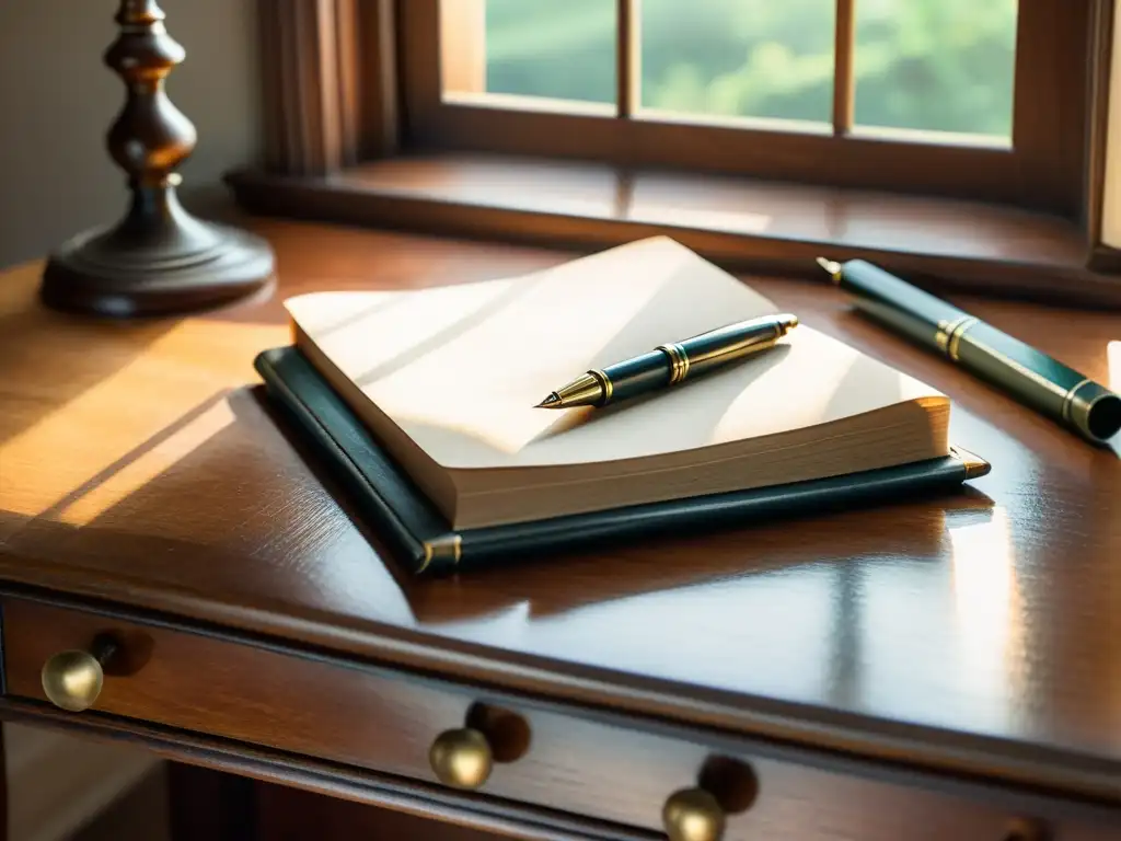 Detalle de acuarela de un escritorio de madera vintage con un diario de cuero y pluma, iluminado por luz natural