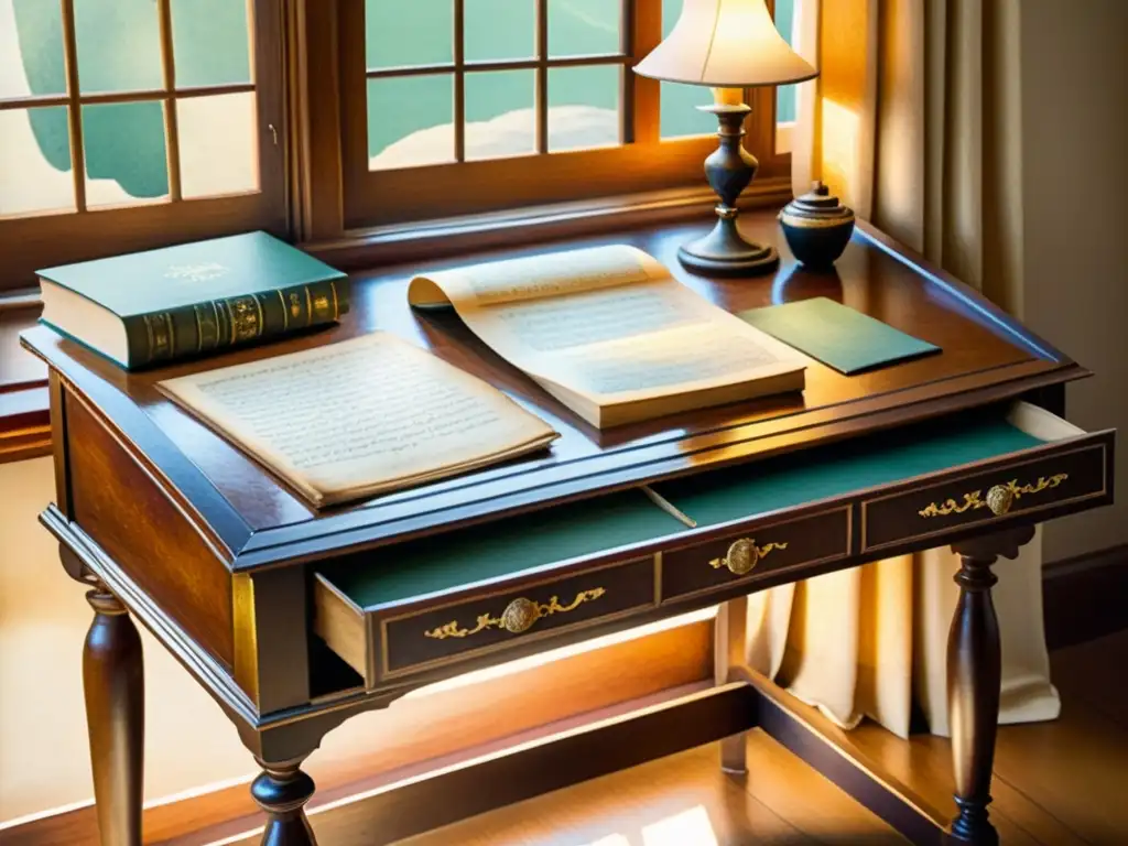 Pintura acuarela detallada de escritorio vintage con manuscritos de poesía Detalle de acuarela de un escritorio vintage con manuscritos poéticos antiguos iluminados por una suave luz cálida