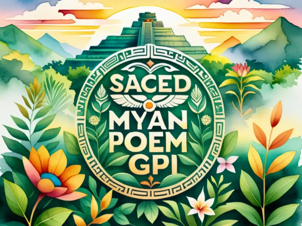 Glyph maya poético: ilustración acuarela detallada Detalle de ilustración en acuarela de un glifo maya, rodeado de exuberante vegetación y flores