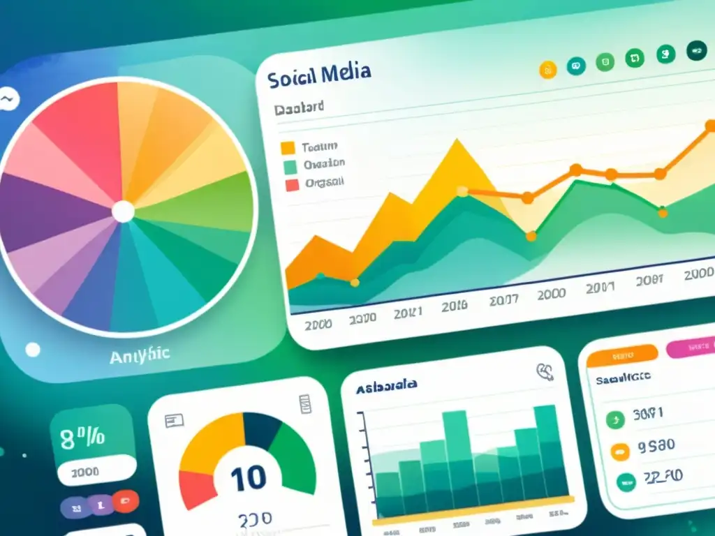 Panel de análisis de redes sociales: vibrante y dinámico Detalle acuarela de complejo panel analítico en redes sociales, con gráficos y visualizaciones de datos en colores vibrantes