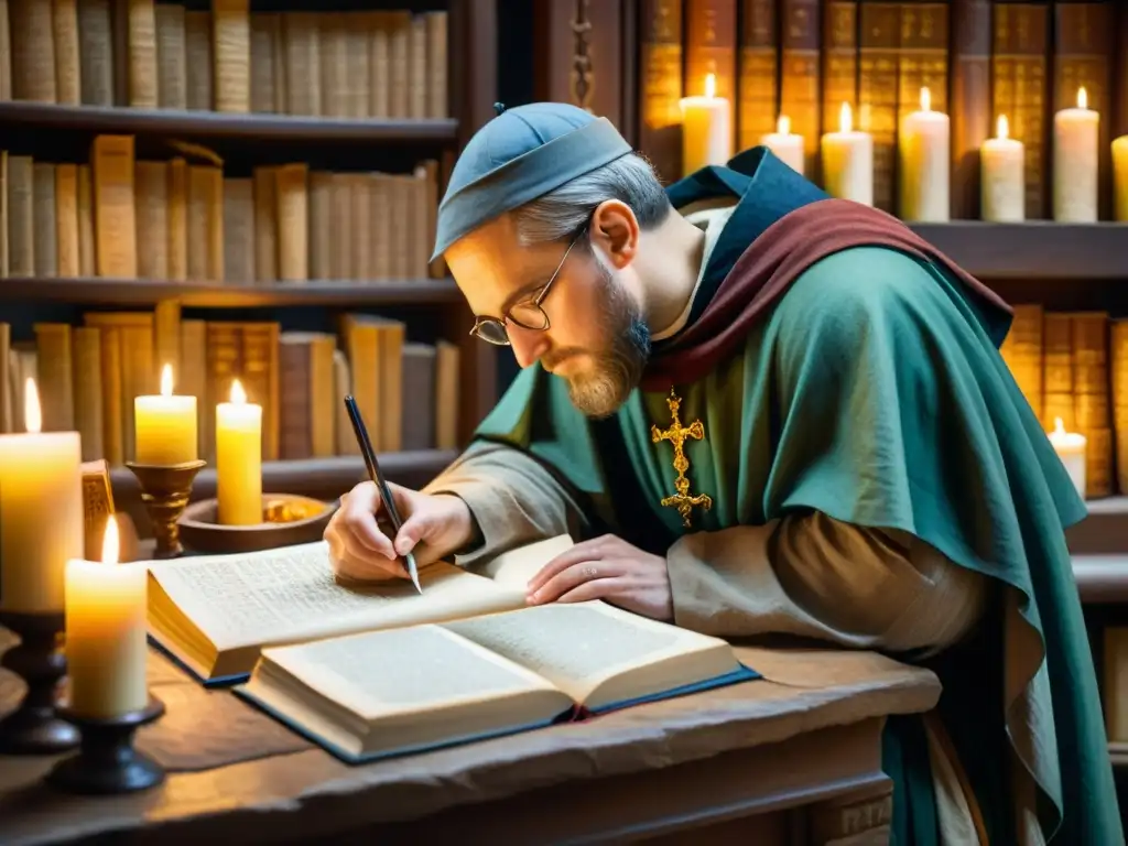 Detalle acuarela de un escriba medieval transcribiendo poesía escatológica entre antiguos textos en monasterio a media luz