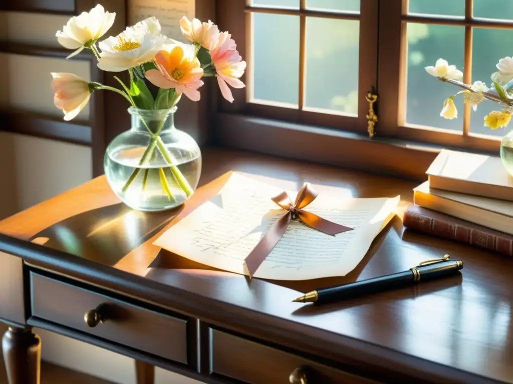 Escena literaria nostálgica con escritorio de madera y manuscritos poéticos Detalle de ilustración acuarela de un escritorio vintage con manuscritos poéticos, pluma y flores