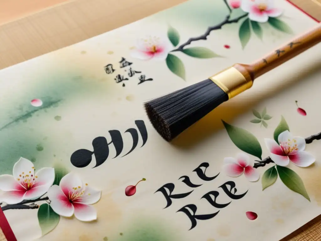 Detalle exquisito de pincel caligráfico japonés pintando haiku en papel de arroz, transmitiendo tranquilidad y maestría artística