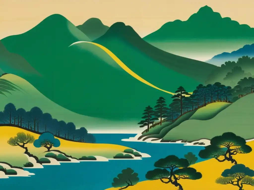 Detalle exquisito de una pintura de paisaje de la dinastía Joseon en Corea, con un poeta contemplativo bajo un pino