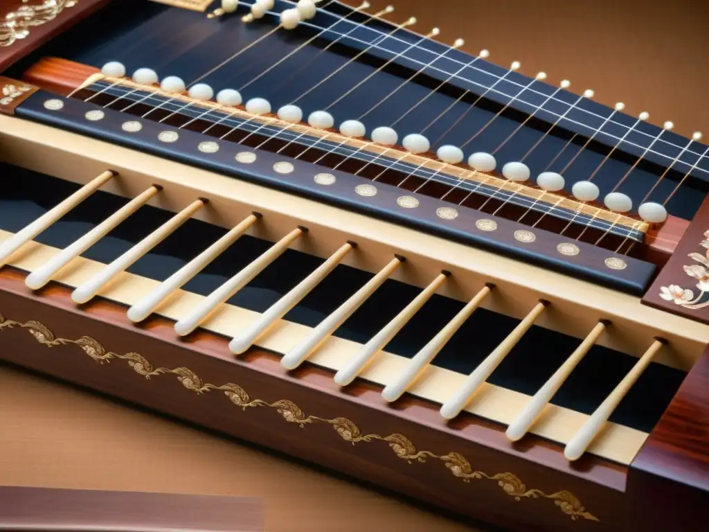 Detalle de un Gayageum coreano, con incrustaciones de nácar y madera rica