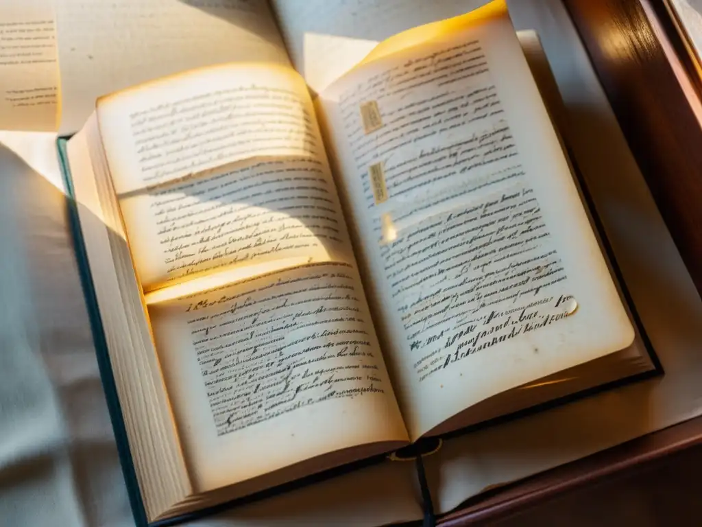 Detalle de un libro abierto con poesía escrita a mano en caligrafía elegante, iluminado por cálida luz natural