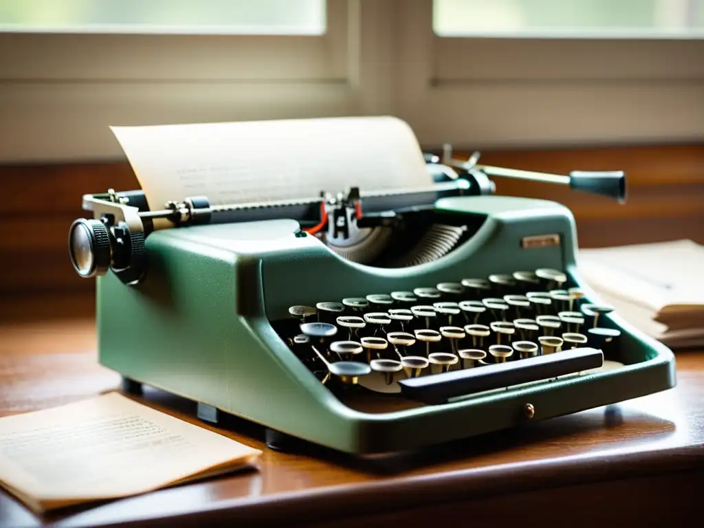 Detalle de una máquina de escribir vintage con papel cargado, bañada por luz natural