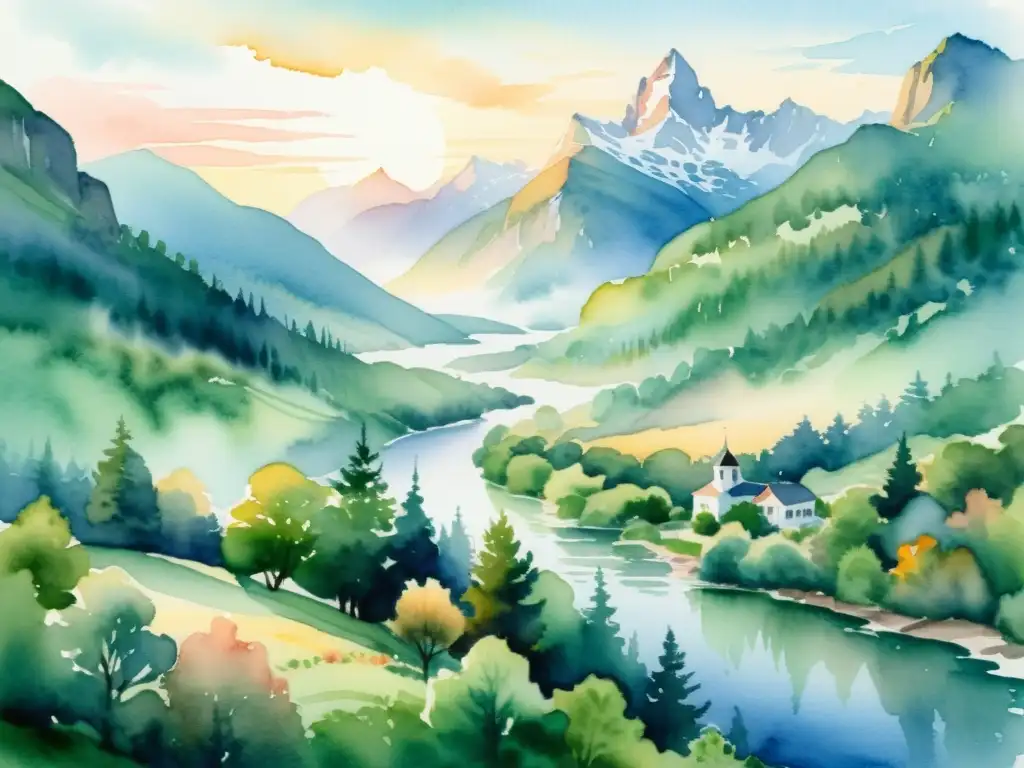 Detalle de ilustración acuarela de paisaje montañoso tranquilo y místico al amanecer, reflejando poesía mística y contemplativa en diferentes culturas