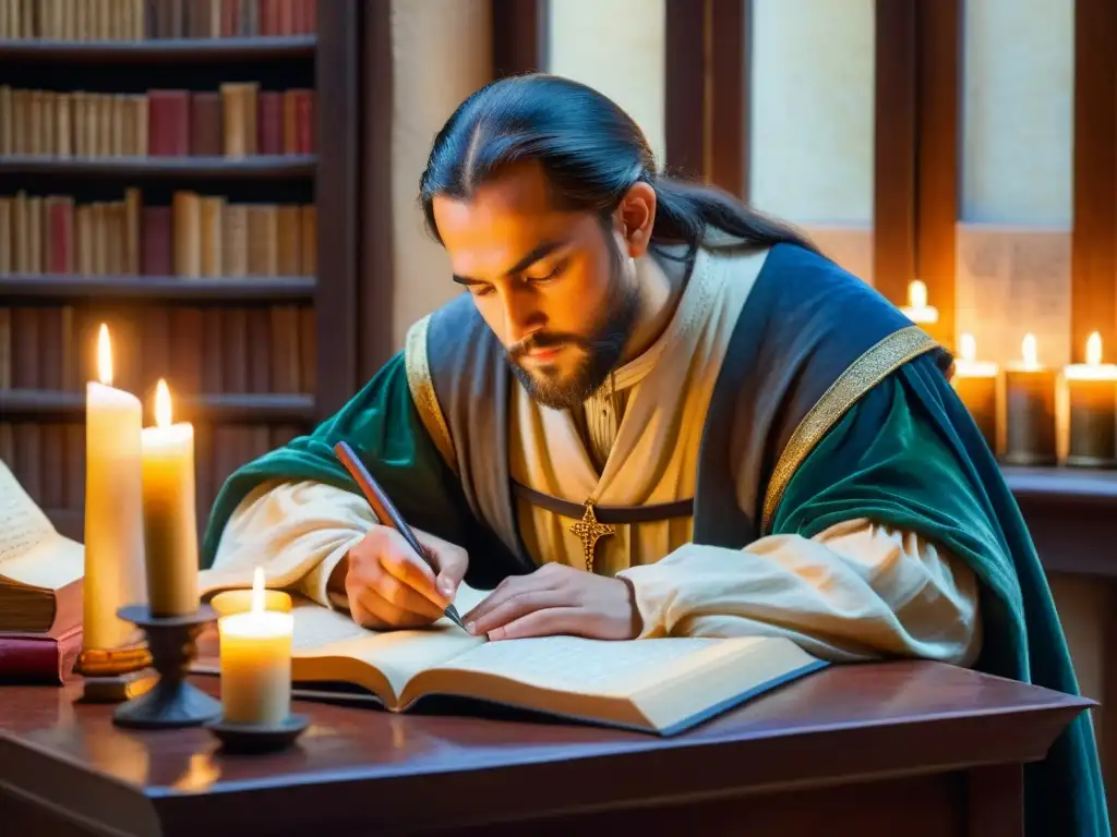 Detalle de pintura acuarela: erudito medieval interpreta el Cantar de los Cantares entre manuscritos antiguos, a la luz de velas