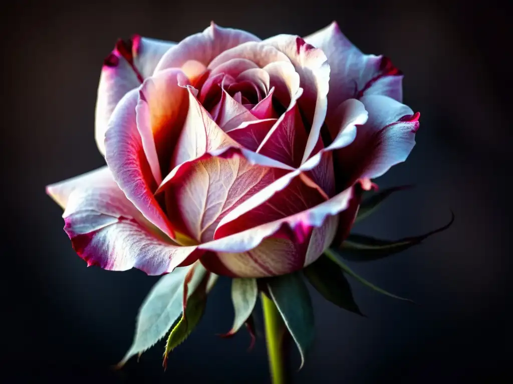 Detalle de una rosa marchita en tonos de rojo intenso y rosa suave, con texturas y colores que capturan la fragilidad de la vida