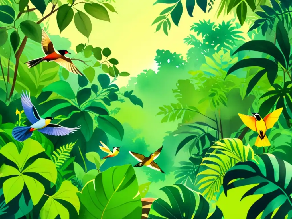 Detalle de ilustración acuarela de una vibrante escena de selva con aves tropicales, animales y la importancia de la onomatopeya en poesía