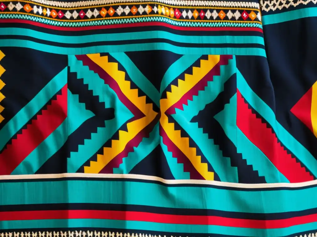 Detalles increíbles de un textil indígena tradicional, tejido con colores vibrantes y patrones intrincados