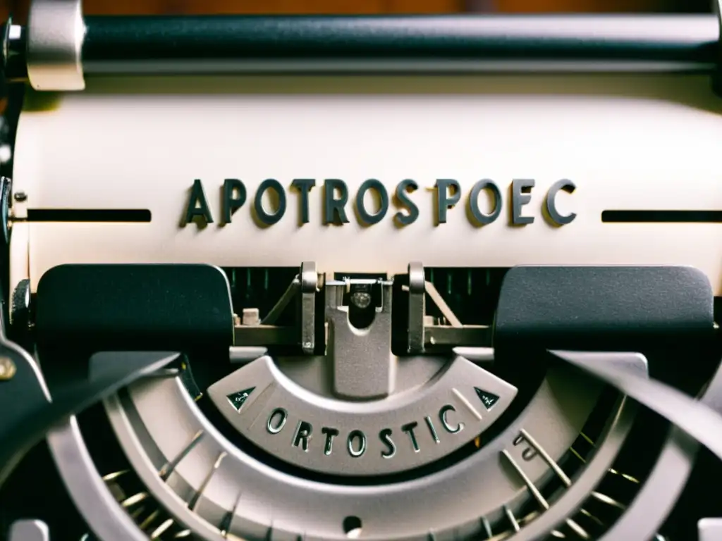 Detalles nostálgicos de una máquina de escribir vintage con 'Apostrofe Poético en la poesía' escrita en la página, iluminada suavemente