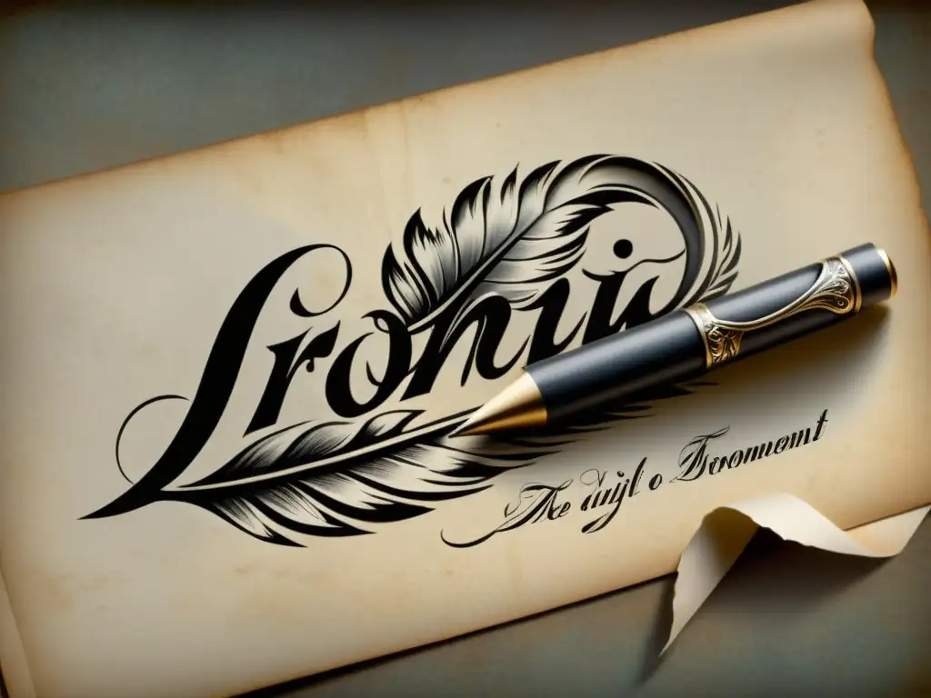 Un dibujo detallado en grises de una pluma vintage escribiendo 'ironía' en elegante caligrafía