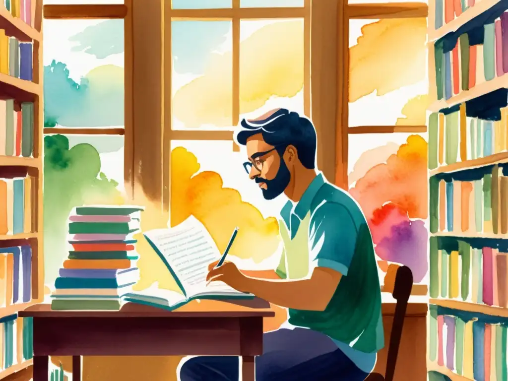 Diseña libros poesía digital: Ilustración acuarela de un poeta escribiendo apasionadamente rodeado de libros coloridos, bajo una cálida luz solar