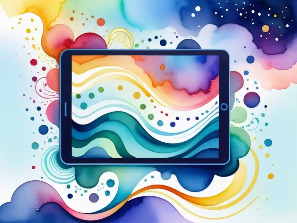 Un dispositivo digital rodeado de líneas y colores vibrantes, poesía flotante y formas abstractas, fusionando lo digital y poético