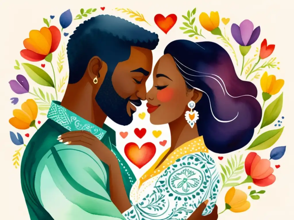 Diversidad amorosa en la poesía: Ilustración acuarela vibrante de parejas diversas expresando amor en escenarios coloridos