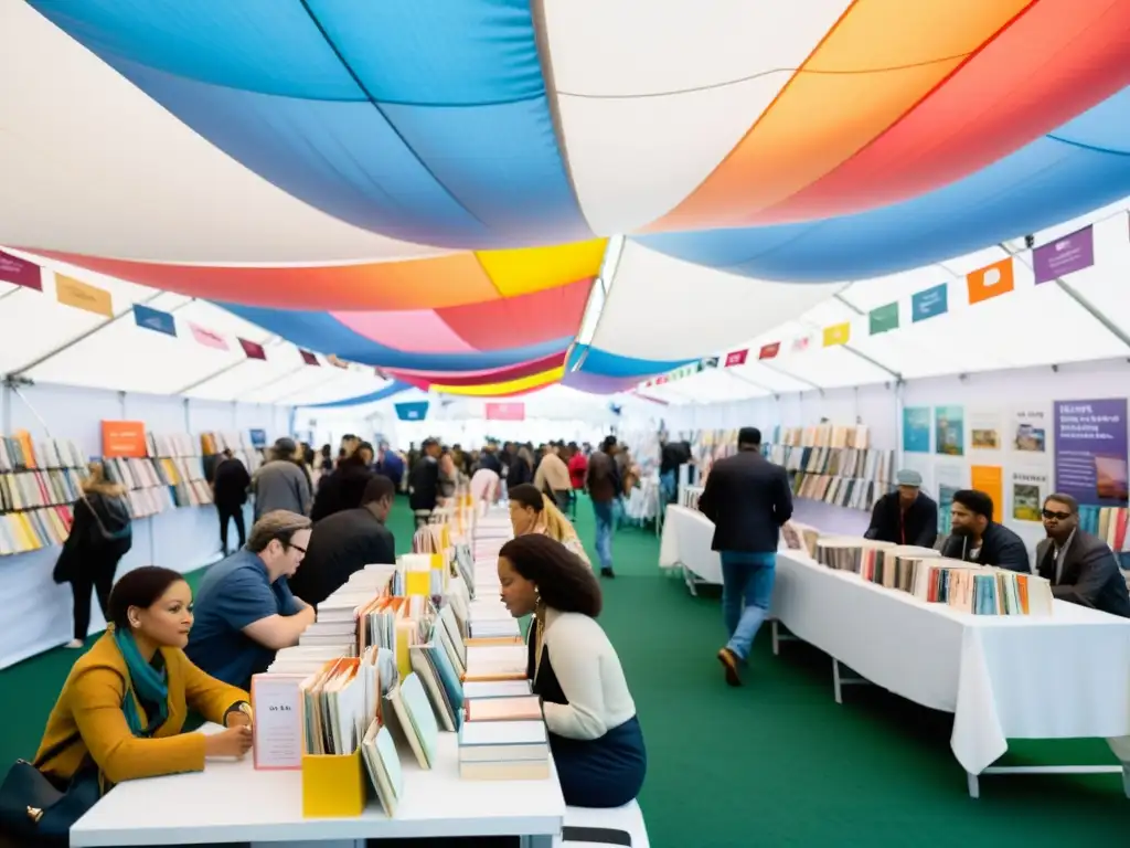 Diversidad poética en la Feria del Libro de Nueva York: Poetas del mundo se reúnen bajo coloridos banners en una bulliciosa escena literaria