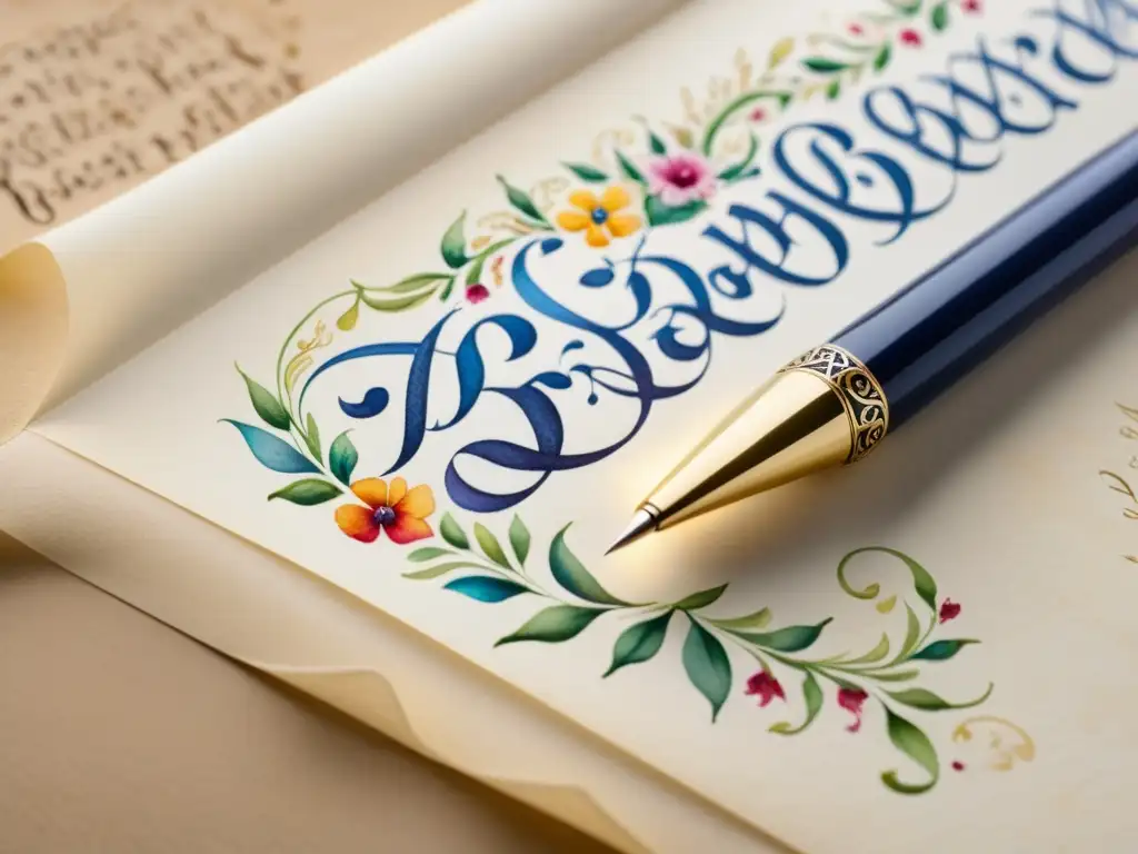 Un elegante bolígrafo de caligrafía escribe un poema en un pergamino con adornos florales, evocando creatividad y belleza poética