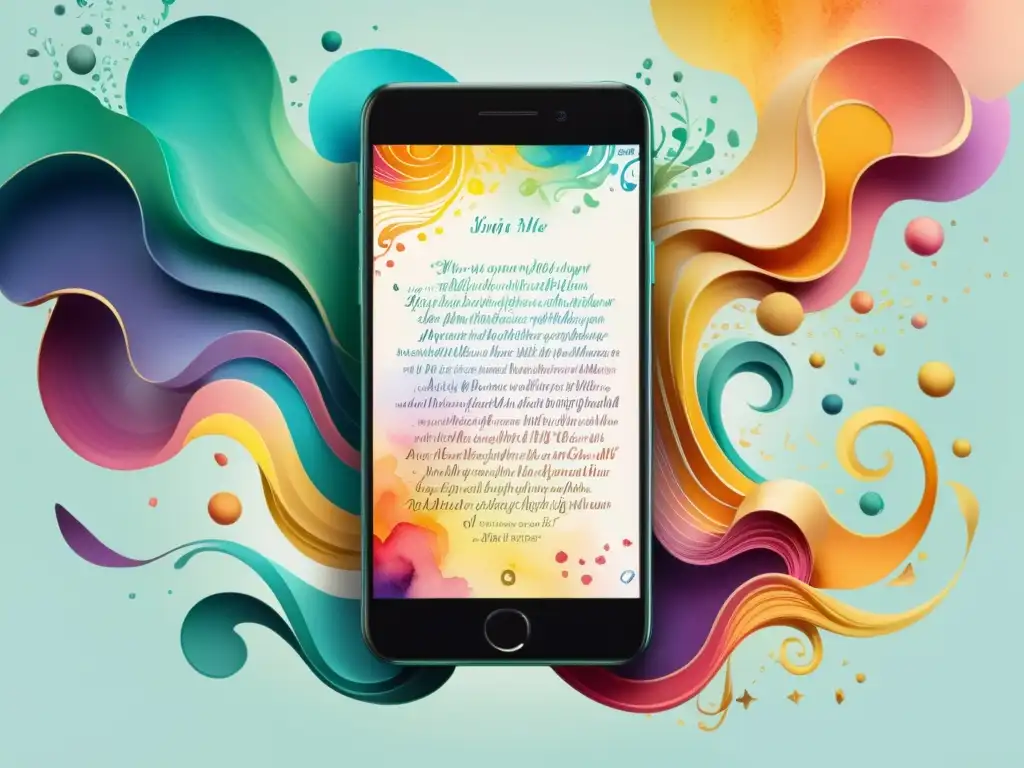 Un elegante smartphone muestra la plataforma de poesía digital, con colores vibrantes y sofisticación tecnológica