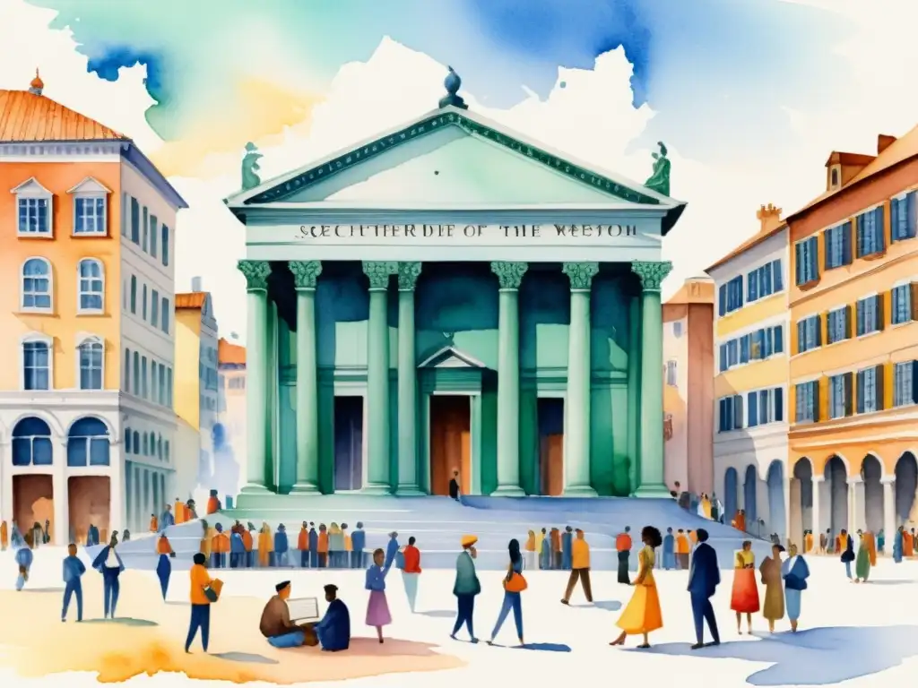 Poetas del mundo recitan poesía en una plaza vibrante Una emocionante pintura acuarela de poetas de todo el mundo recitando poesía social en una bulliciosa plaza de la ciudad