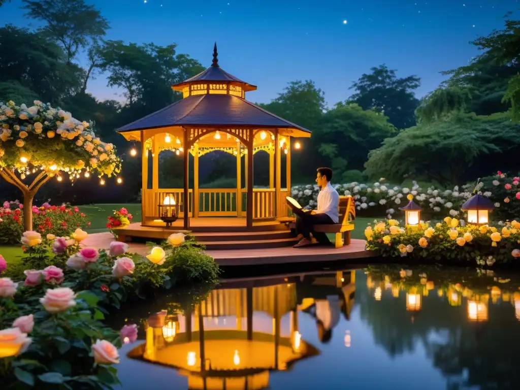 Un jardín encantador iluminado por la luna, con un romántico gazebo y una pareja leyendo poesía