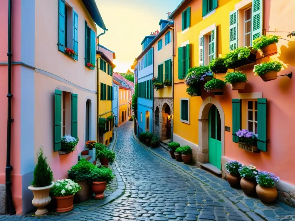 Una encantadora calle adoquinada en un pintoresco pueblo europeo, bañada por la cálida luz dorada del atardecer