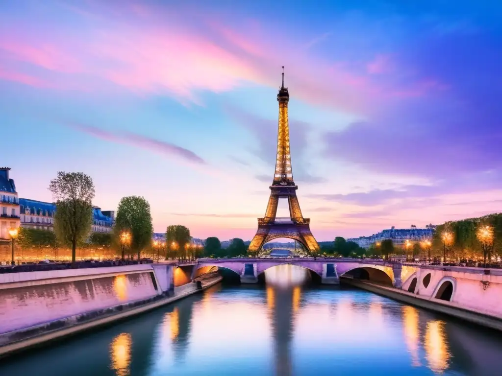 Una encantadora pintura acuarela de la Torre Eiffel al atardecer, con el río Sena en primer plano