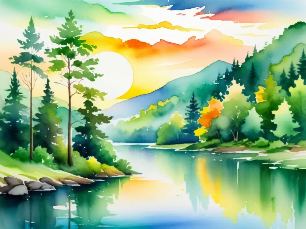 Encuentros poéticos con el saber: pintura acuarela de un sereno bosque, río y atardecer colorido