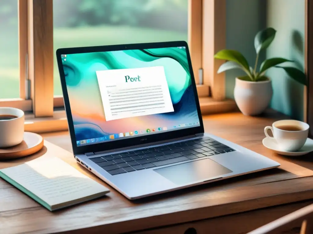 Un entorno tranquilo y acogedor con una laptop sobre un escritorio de madera rústica, rodeada de poesía escrita a mano y bañado por luz suave