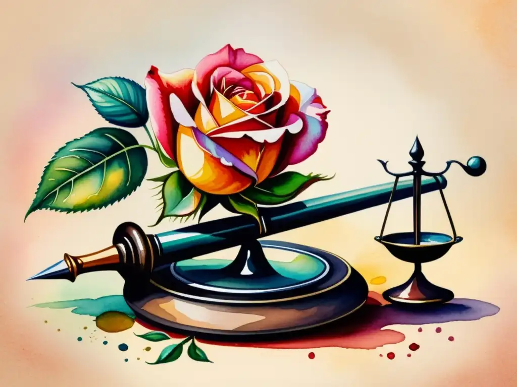 Equilibrio delicado en la poesía: pintura acuarela de una balanza con rosa y pluma