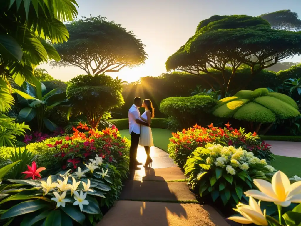 Poesía erótica iberoamericana sensualidad: Jardín tropical al atardecer, con flores exóticas en plena floración y amantes abrazados en la distancia