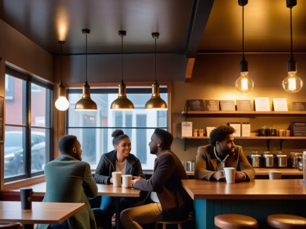 Escena acogedora en una cafetería, con una comunidad poética en Instagram en plena creatividad y camaradería