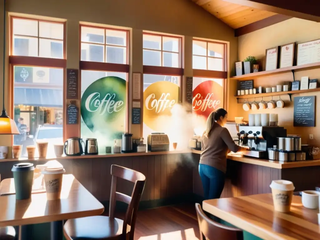 Una escena acogedora de una cafetería con tazas poéticas, café y versos inspiradores, pintada en acuarela con colores vibrantes y cálidos