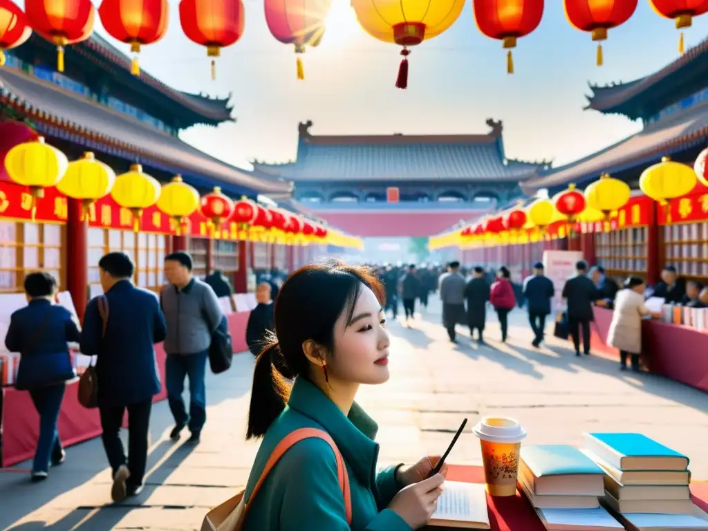 Escena animada en la Feria del Libro Internacional de Beijing, con ilustraciones y escritores en medio de la bulliciosa multitud