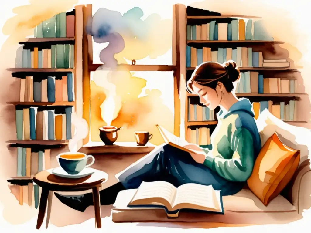 Escena de calma y reflexión en acuarela, con libros, té y micro poesía