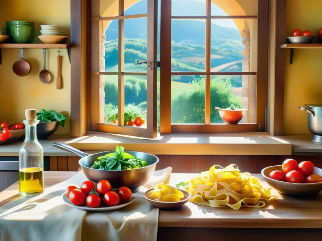 Una escena de cocina italiana con pasta fresca, tomates, albahaca y aceite de oliva