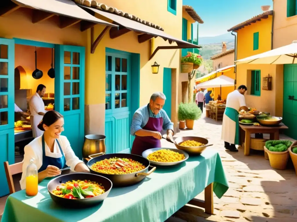 Una escena de cocina tradicional española, con un mercado bullicioso, paella y comensales disfrutando de una comida animada, capturando la gastronomía poética en diferentes culturas