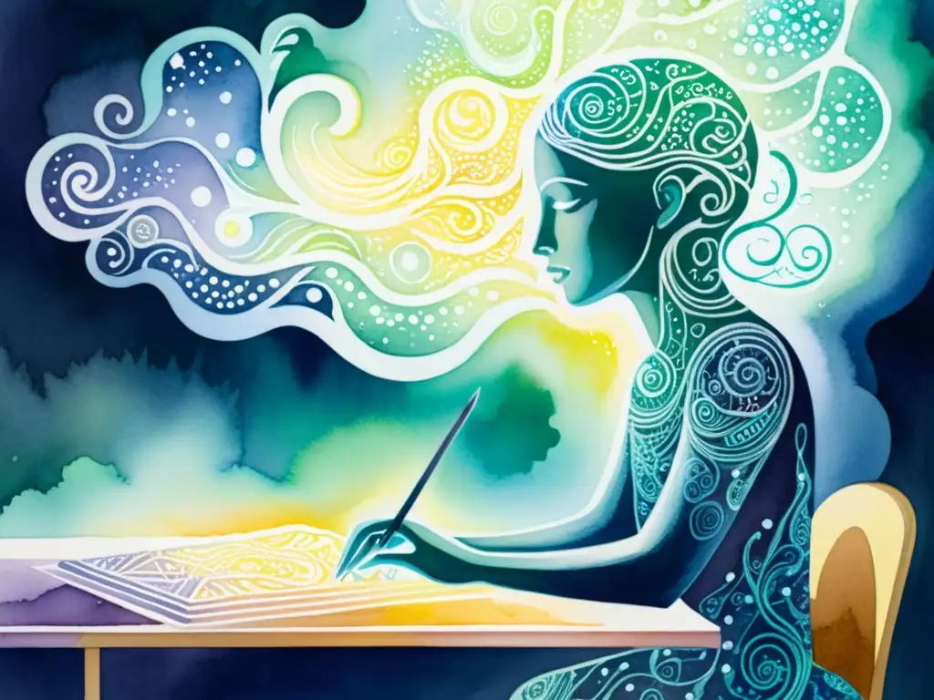 Una escena de colaboración entre inteligencia artificial y poesía, con una atmósfera onírica y creativa