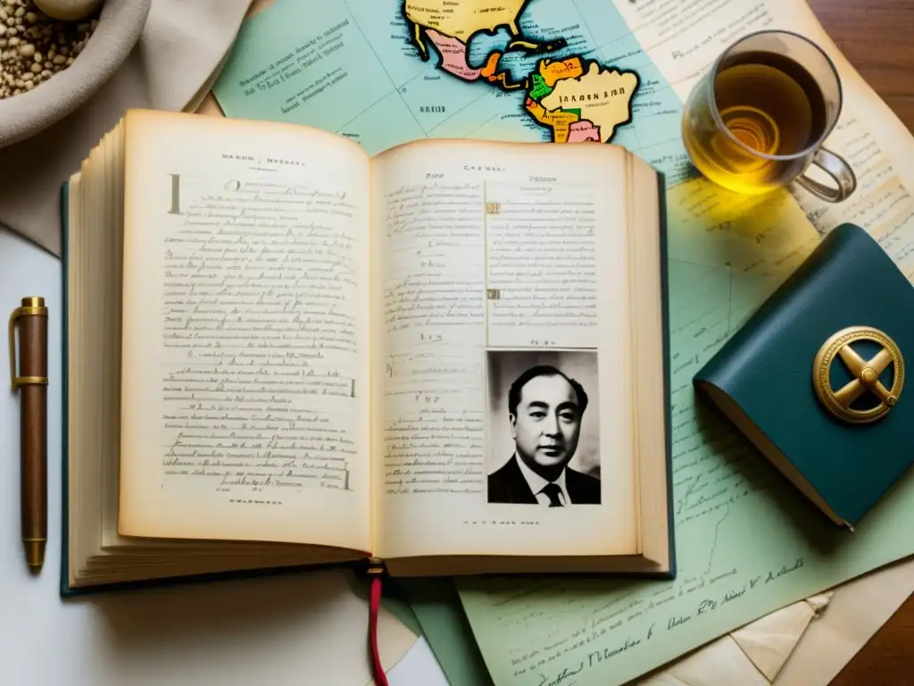 Una escena envolvente de análisis crítico de Canto General Neruda, con anotaciones manuscritas y elementos históricos