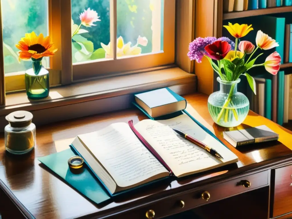 Una escena de escritorio vibrante con notas manuscritas, pluma de ave, libros y flores, iluminada por luz solar