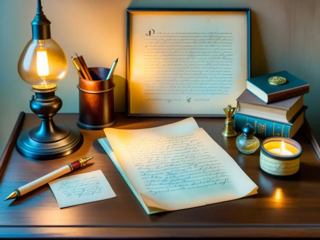 Una escena de escritura poética vintage iluminada por una lámpara de escritorio, con manuscritos poéticos auténticos