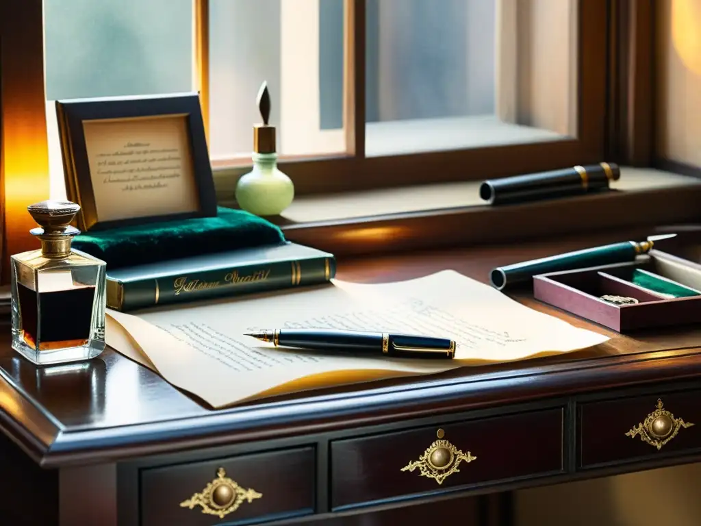 Una escena de escritura vintage, con plumas, tinteros y un escritorio antiguo, iluminada por luz natural